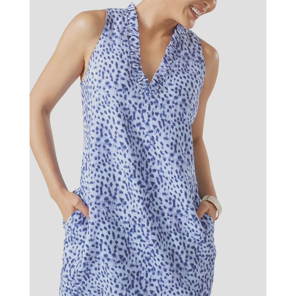 Tommy Bahama Lagoon Leopard Linen Dress Size Medium Blue Pockets Beach Vacation - Picture 12 of 12